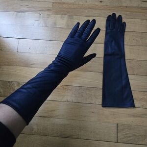 Vintage Royal Blue Satin Long Formal Dress Gloves, S/M